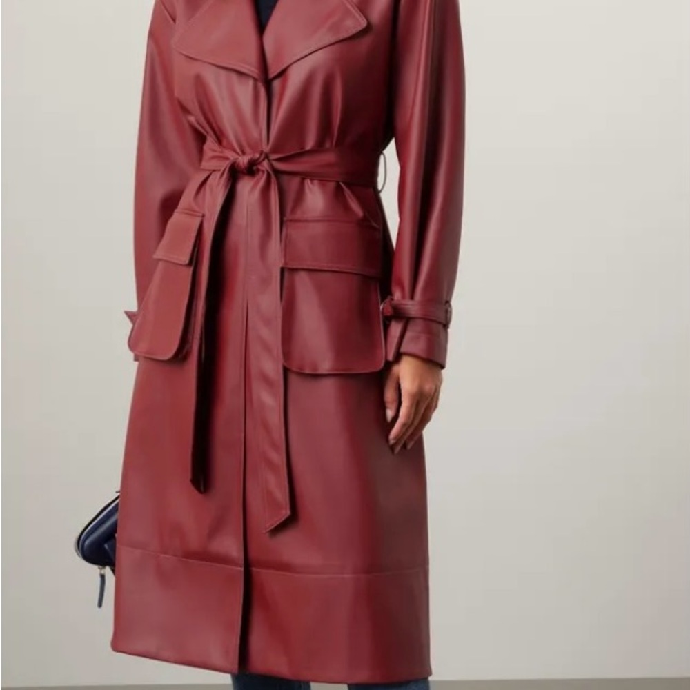 Deep Red Trench Coat with Adjustable Cuffs and Belt